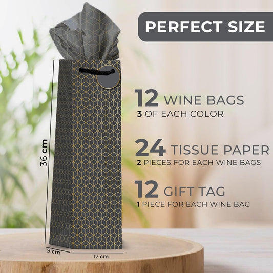Luxstella Wine Gift Bags with Rope Handles – Pack of 12 Kraft Paper Bottle Bags with Tags & Tissue for Wine or Champagne Gifts