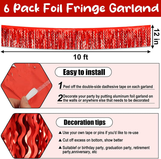 6 Pack 10 Feet Red Wave Foil Fringe Garland Metallic Tinsel Streamers Banner Wall Hanging Curtain Backdrop for Parade Floats, Mother's Day, Easter, Wedding, Birthday Party Decoration