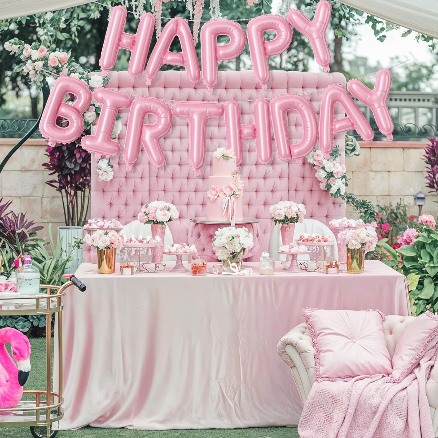 Pink Happy Birthday Balloon Banner, 16 Inch Pastel Pearl Baby Pink Self Inflating Happy Birthday Mylar Foil Balloon, Birthday Bunting Banner Letter Balloons for Girls Women Birthday Party Decorations