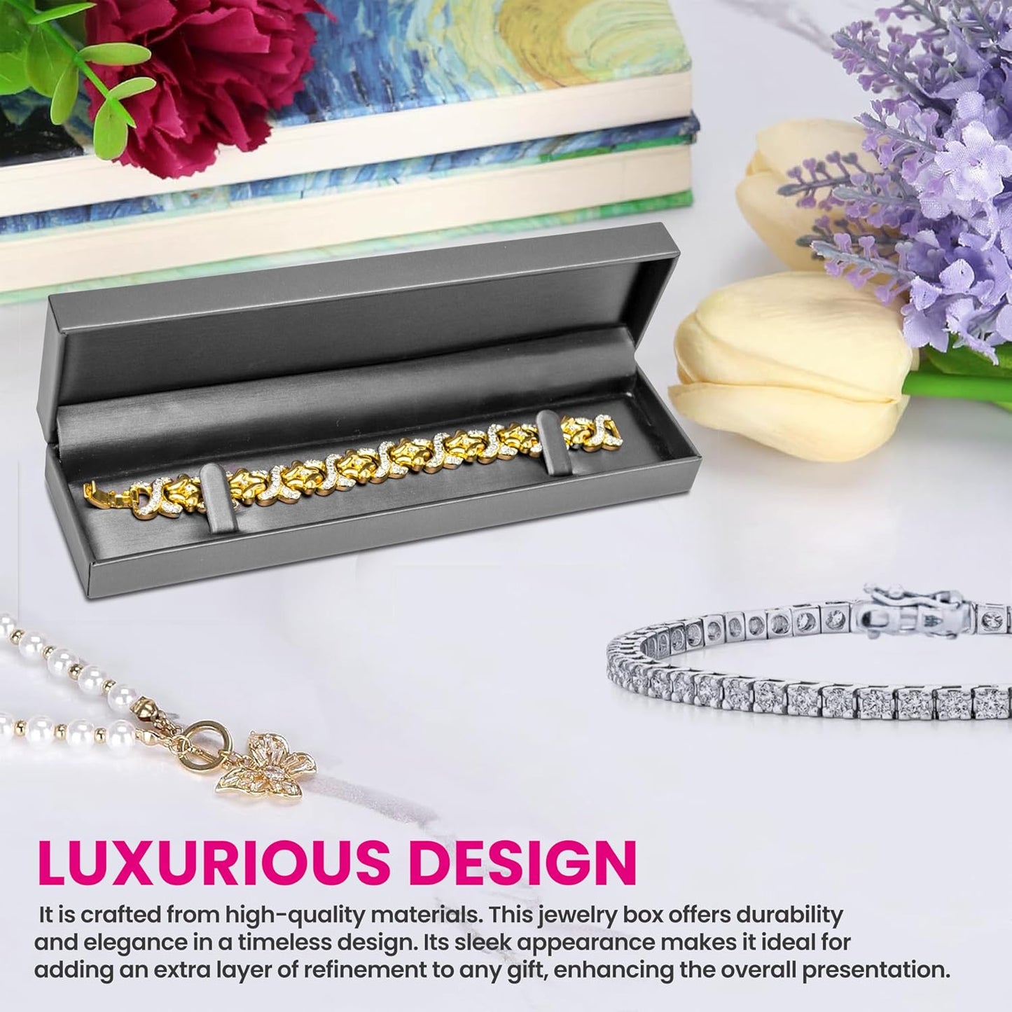 Novel Box Silver Jewelry Box for Bracelet 8.87x2.25x1.5 Inches - Bracelets Gift Box for Proposal Wedding Engagement - Faux Leatherette Jewelry Display Box - Gift Presentation Boxes for Bracelets