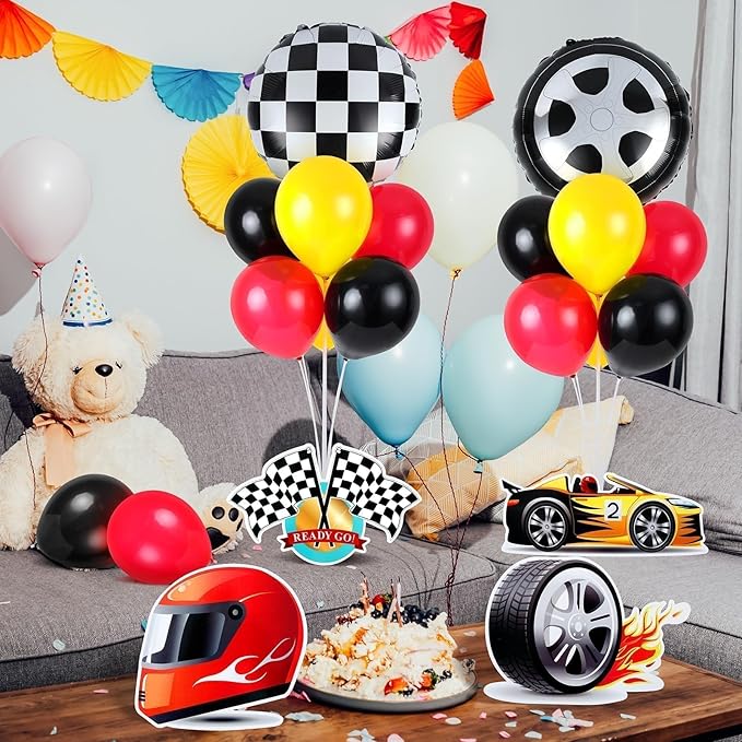 6 Sets Race Car Party Balloons Stand Kit Racing Car Table Centerpieces Decor Red Black Yellow Balloon Race Car Birthday Party For Boys Let's go Birthday Racing Sports Themed Decorations