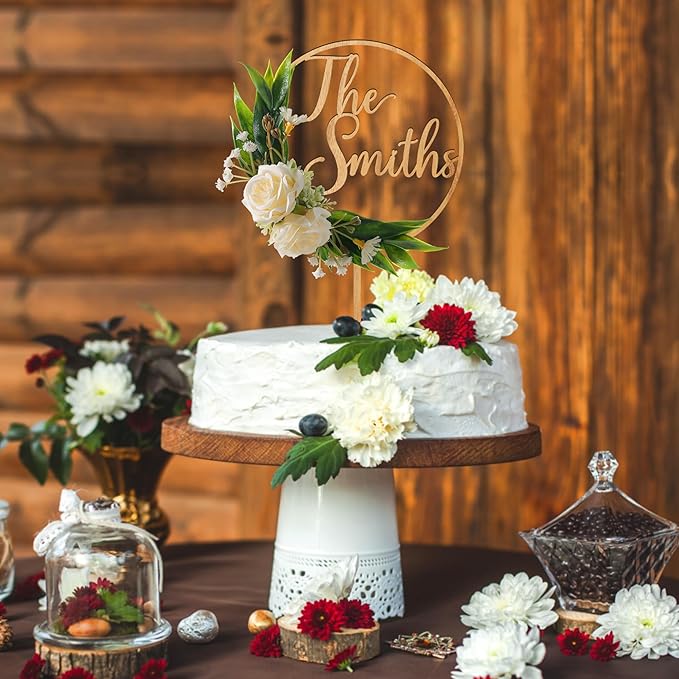 3D Flowers Wedding Cake Topper Personalized Last Name Wedding Cake Decoration in Wood with 3D Artificial Roses