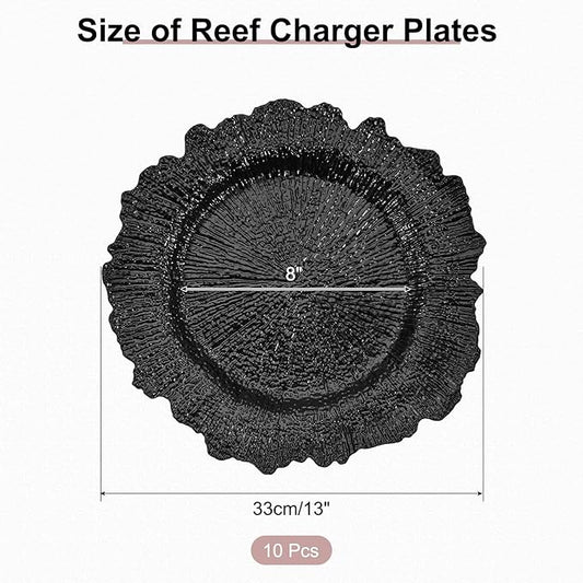 uxcell 10pcs Reef Charger Plates Bulk, 13 Inch Plastic Floral Charger Plates, Round Plate Chargers for Dinner Wedding Party Event Table Setting Decoration Black