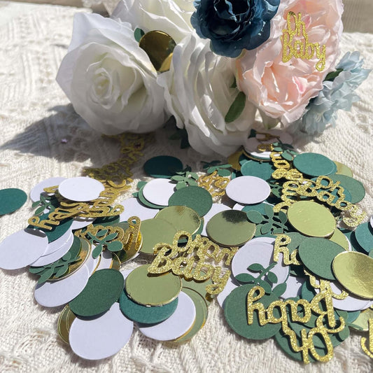 200 Pcs Greenery Baby Shower Decorations, Sage Green Party Decor, Table Confetti Dots With Eucalyptus, Gold Glitter for Baby Shower Decor