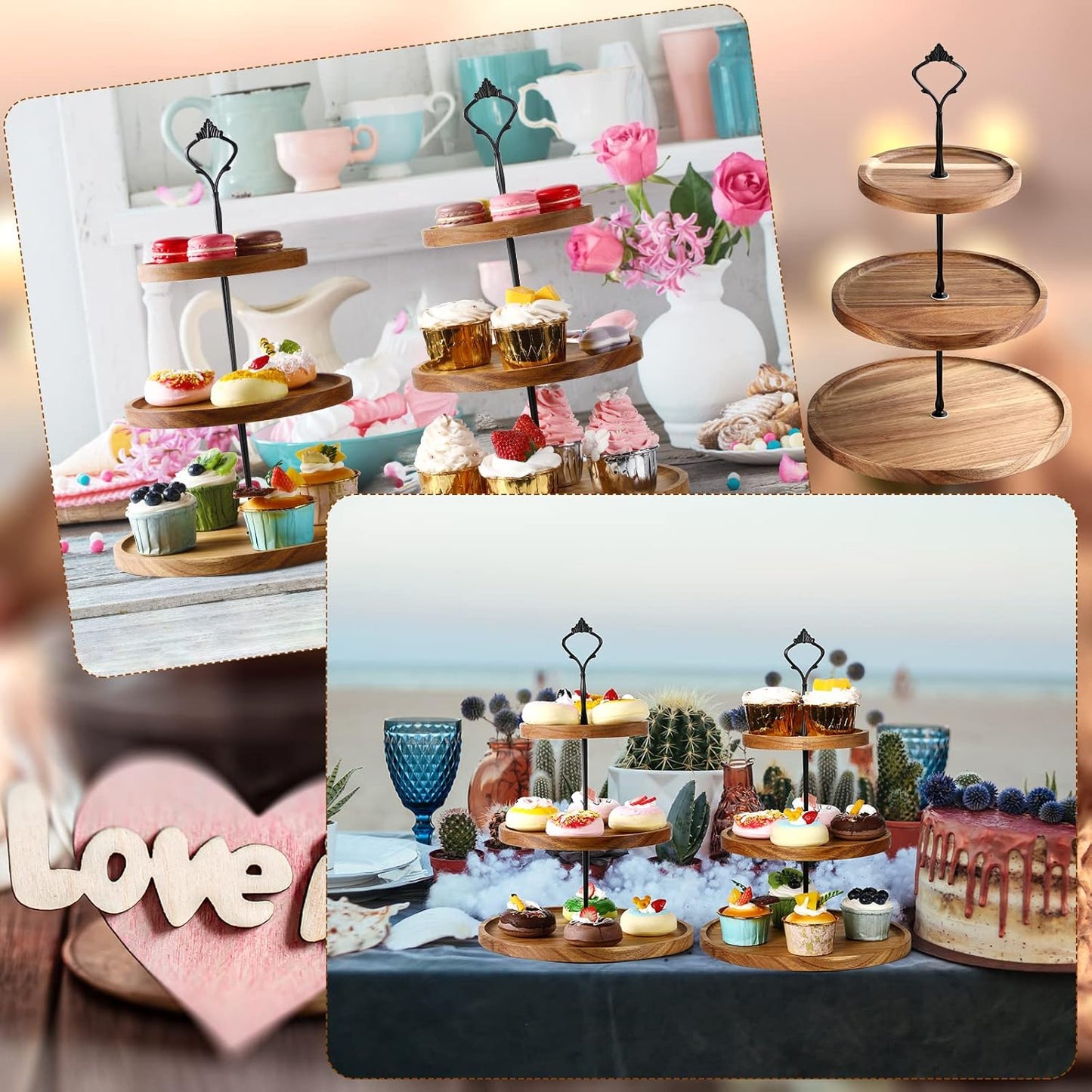 Zopeal 3 Set 3 Tier Wood Cupcake Stand,Rustic Wooden Serving Tray Farmhouse Dessert Display Tiered Cake Tower Holder for Kitchen Wedding Birthday Tea Party Decorations(Medium(5.9''7.8''9.8''))