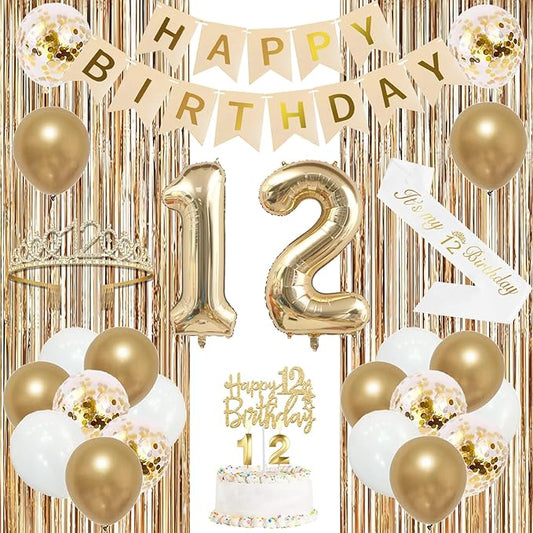 Trgowaul 12th Birthday Decorations for Girls, Banner, Sash and Crown, Cake Topper, 12 Number Balloon, Fringe Curtains, Champagne Gold 12th Birthday Party Supplies