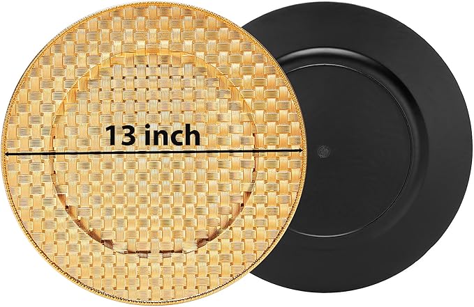 12 Pack Reusable Gold Charger Plates, 13 Inch Round Plastic Dinner Chargers, Decorative Centerpiece Plates for Home Decor, Thanksgiving, Christmas (Checkered Gold, 12 PCS)