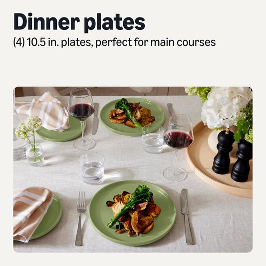Amazon Basics Glazed Stoneware Dinner Plates, 4-Piece Set, Microwave and Dishwasher-Safe, 10.5 in., Olive