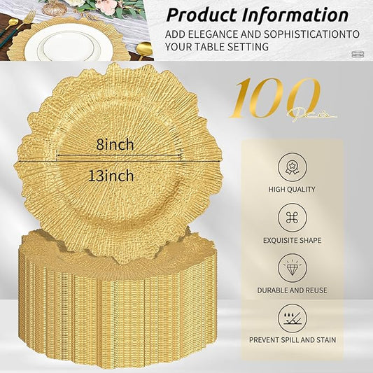 Pesonlook 100Pcs Gold Charger Plates Round 13inch, Reef Plate Chargers for Dinner, Bulk Plastic Floral Table Charger Plates for Dinner Wedding Party Event Table Setting Decoration(Gold)