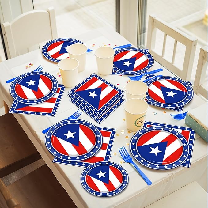 96Pcs Puerto Rico Party Supplies Puerto Rico Flag Paper Plates Napkins Puerto Rico Birthday Party Decorations Souvenirs Puerto Rico Dinnerware Party Favor Puerto Rico Gifts Tableware Serves 24