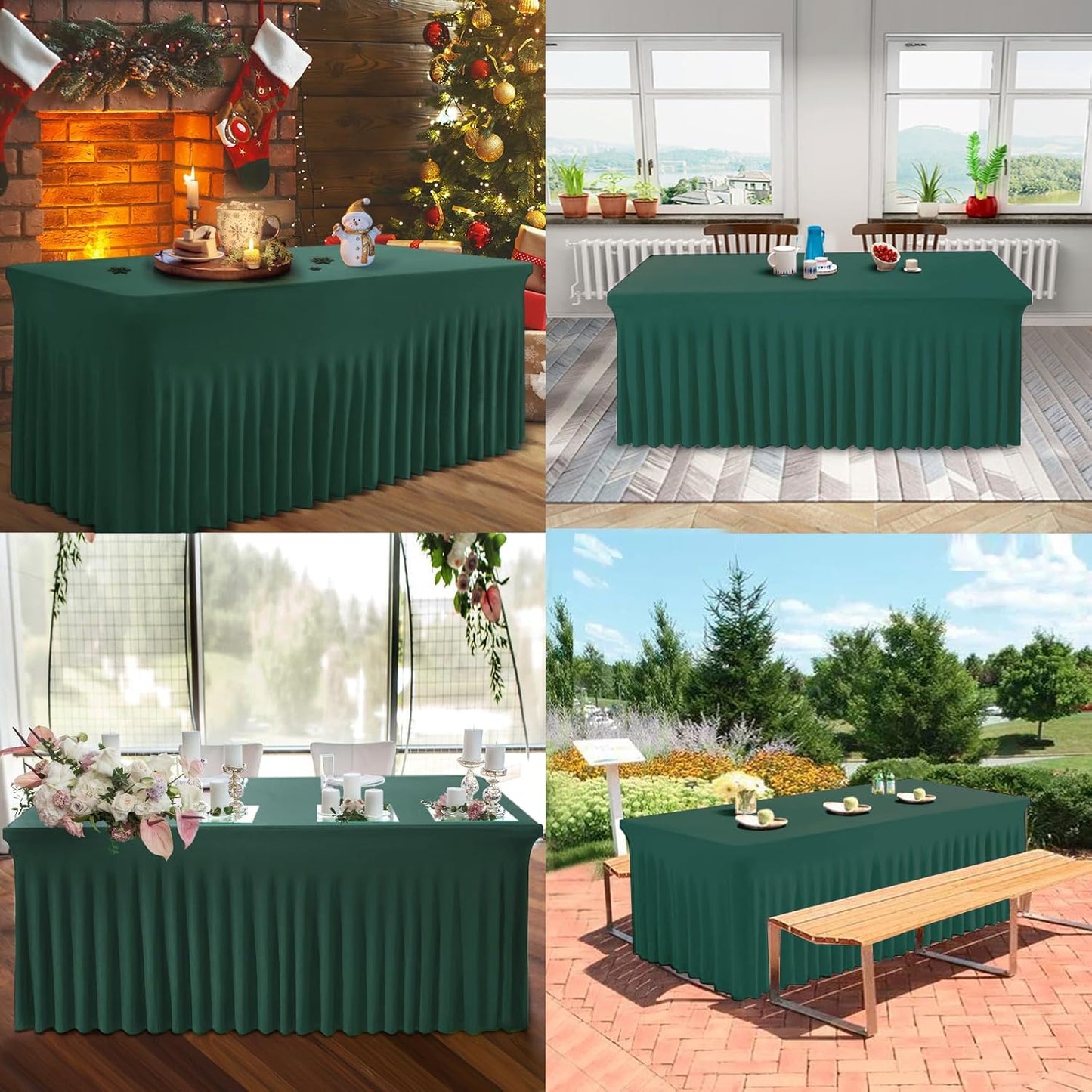 Table Skirts for Rectangle Tables 8ft - 2 Pack One-Piece Hunter Green Tablecloths and Skirt, Wrinkle Resistant Ruffles Elastic Cover for Banquets, Weddings, Events, Parties