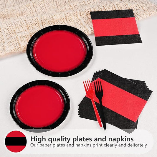 Grencian 200Pcs Red and Black Party Decorations Valentine's Day Red and Black Plates and Napkins Disposable Tableware Set for Graduation Birthday Wedding Valentine's Day Party Supplies, Serves 50