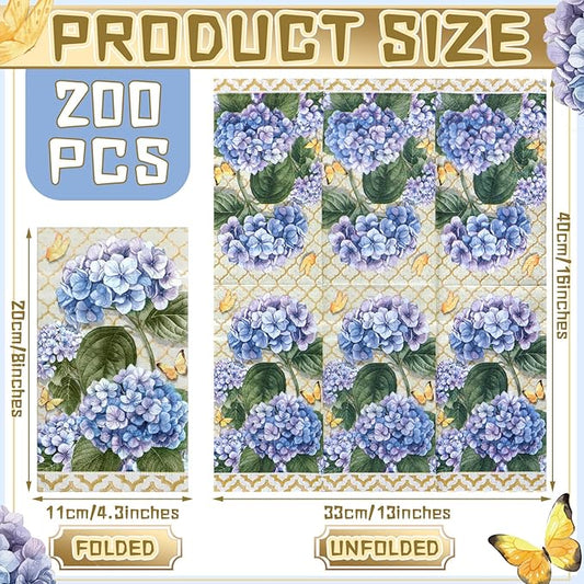 Karenhi 200 Pcs Hydrangea Guest Napkins 2 Ply Spring Paper Guest Towels for Bathroom Butterfly Disposable Hand Towels Blue Decorative Dinner Napkins Bridal Shower Napkins for Wedding Bathroom Party