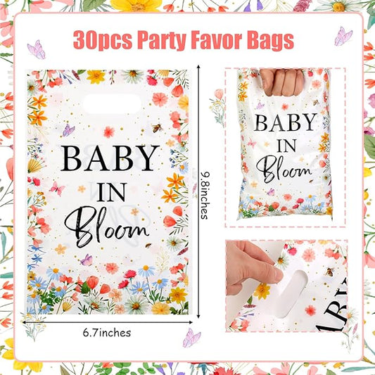 Serencatcher 30Pcs Baby In Bloom Party Favor Bags Widflower Baby Shower Goodie Bags Plastic Floral Gift Bags Candy Bags with Handles for Wildflower Baby In Bloom Baby Shower Decorations Party Supplies