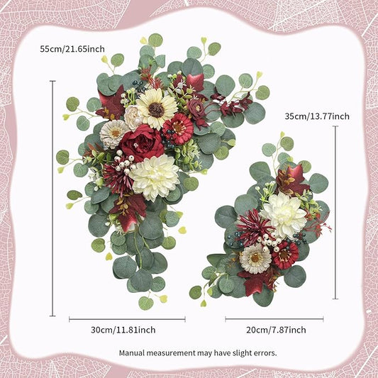Artificial Wedding Arch Flowers for Wedding Sign,Set of 2 for Wedding Welcome Ceremony Sign,Faux Floral Swags,Wedding, Banquet and Reception Backdrop Floral Decoration (White Red)