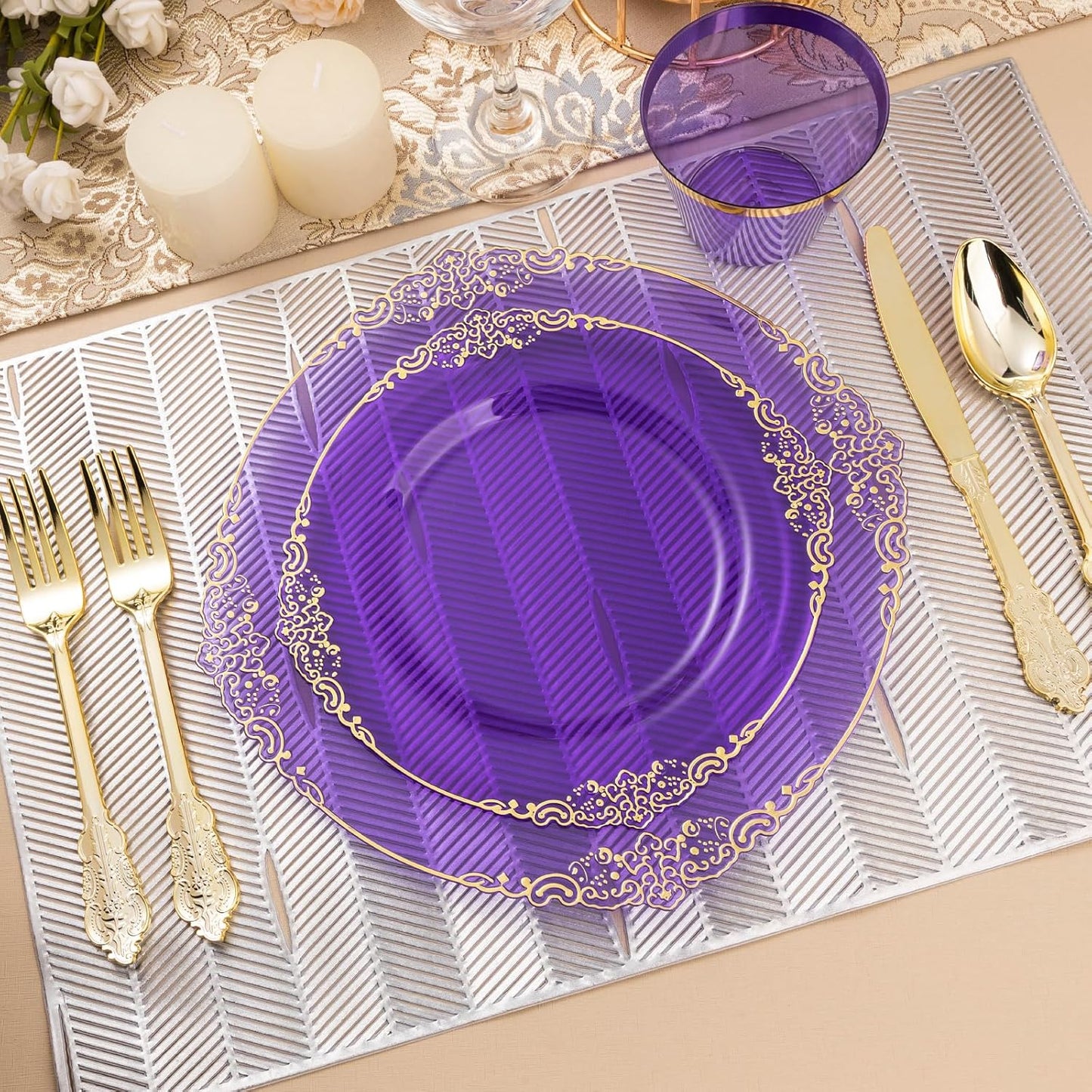 175PCS Clear Purple Plastic Plates for 25 Guests, Disposable Plates with Gold Trim include 25 Dinner Plates, 25 Dessert Plates, 75 Gold Silverware, 25 Cups, 25 Napkins for Party, Wedding