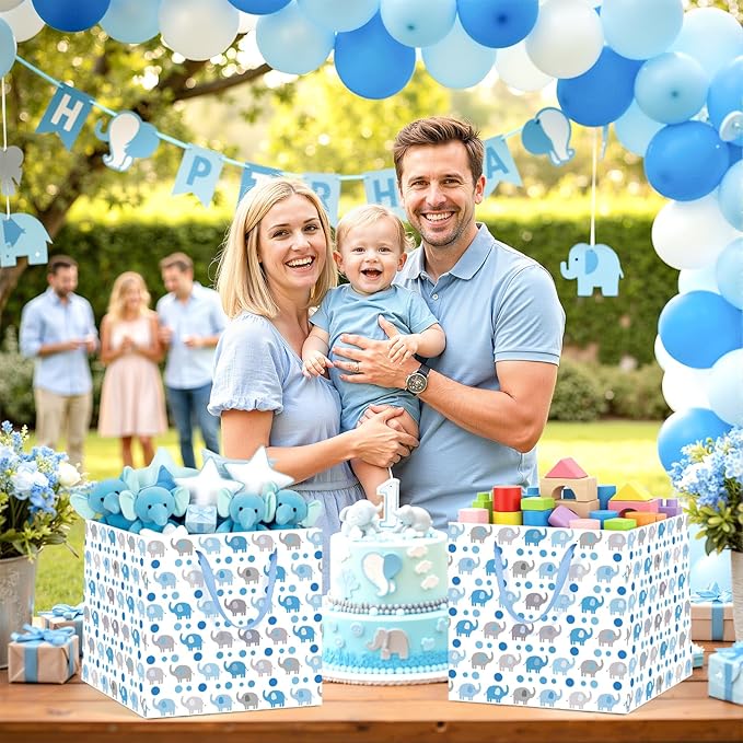 Woosytoo Extra Large Baby Boy Gift Bags - Blue Elephant Square Gift Bag with Wrapping Paper Jumbo Baby Shower Wrapping Paper Bag for Newborn Congratulations Gifts It's a Boy Party Favors Decor