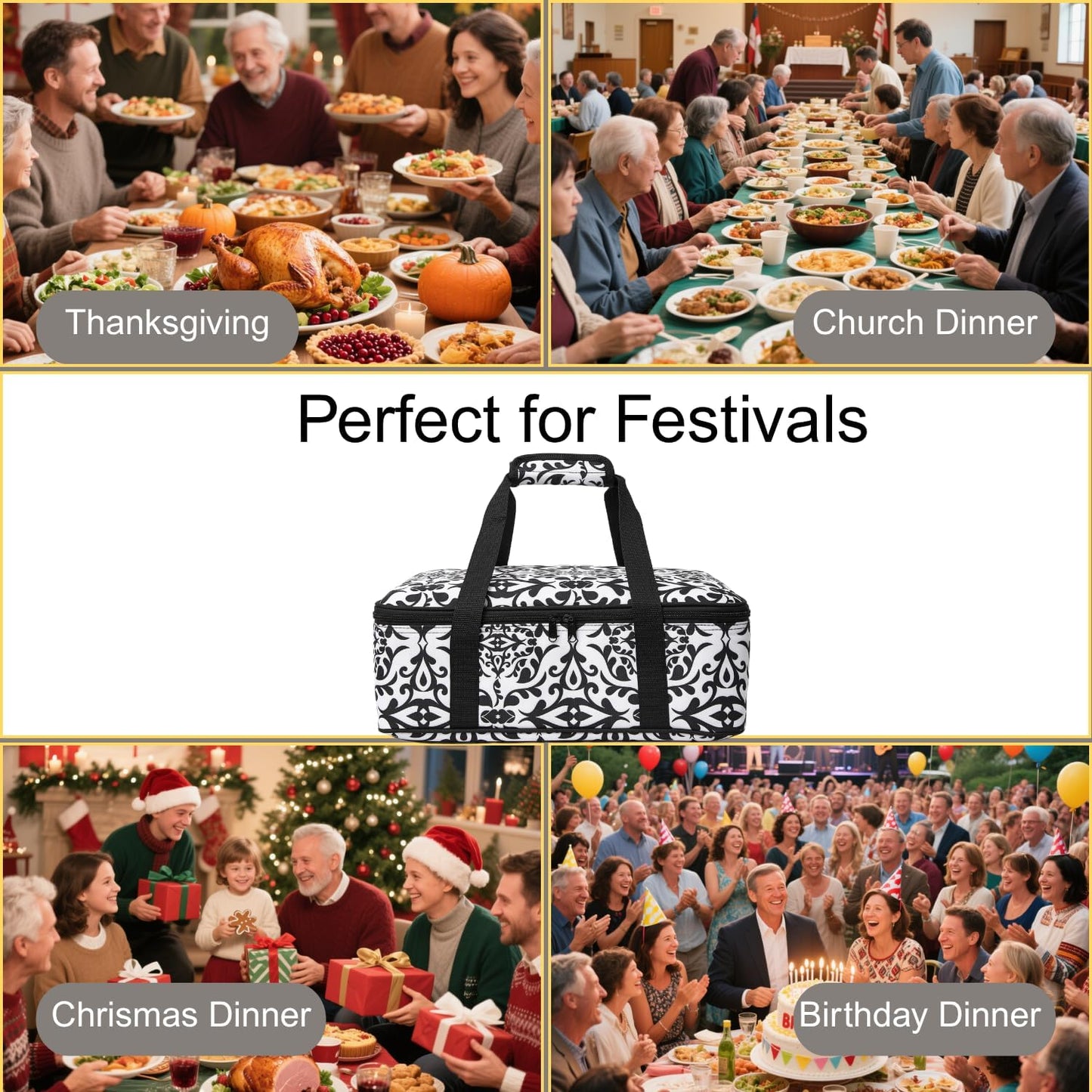 Insulated Casserole Carrier Bag - Portable Thermal Food Delivery Bag for 9x13/11x15 Inch Pan - Keep Meals Hot/Cold 4+ Hours for Catering, Festival Potlucks, Picnics, Family Gathings or Outdoor Events