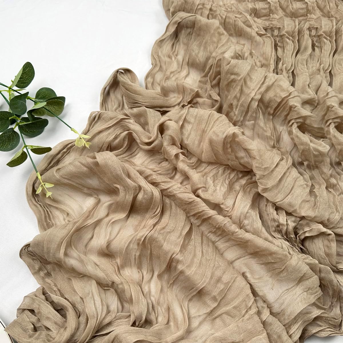 Booque Valley Nude Cheesecloth Table Runner 120 Inch 10ft Super Soft Boho Wrinkled Gauze Sheer Cloth for Baby Shower Birthday Bridal Shower Wedding Centerpiece Table Decoration, 6 Pack, Tan
