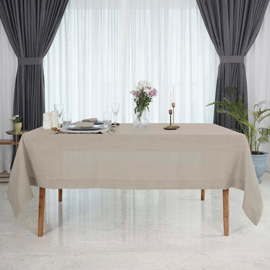 D'Moksha Homes Natural Linen Tablecloth 60 x 156 Inch - 100% Pure Linen Natural Tablecloth for Rectangle Tables - Classic Hemstitch, Machine Washable Table Cloth for Thanksgiving, Christmas, Holiday