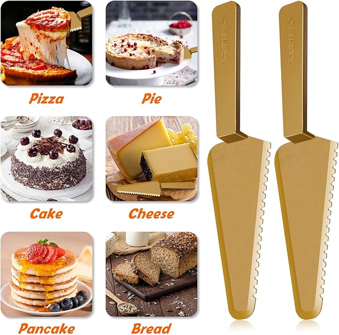 Suclain Disposable Cake Cutter 9.1 Inch Plastic Cake Server Cutting Plastic Spatula Knives Pie Pizza Pastry Slicer Serving Utensils for Kitchen Wedding (Gold,50 Pieces)