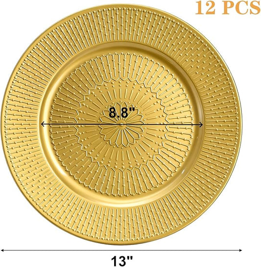 DEAYOU 12 Pack Gold Charger Plate, 13 Inch Beaded Chargers for Dinner Plates, Plastic Reusable Round Charger Platters for Wedding, Table Setting, Serving, Party, Decoration, Event, Holiday