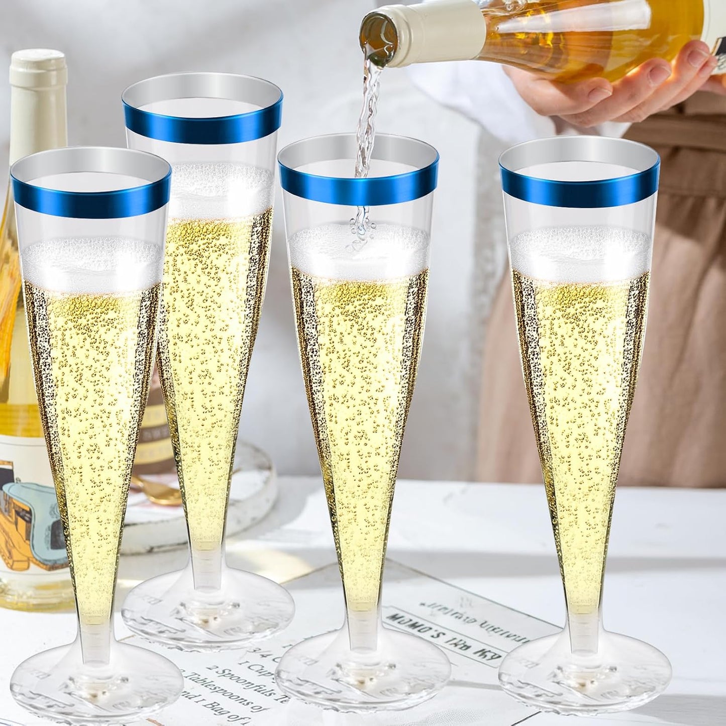 100 Pack Plastic Champagne Flutes,4.5 oz Plastic Glasses,Clear Disposable Champagne Flute,Toasting Glasses for Party Wedding Thanksgiving Day Christmas Party Cocktail Cups(Blue)