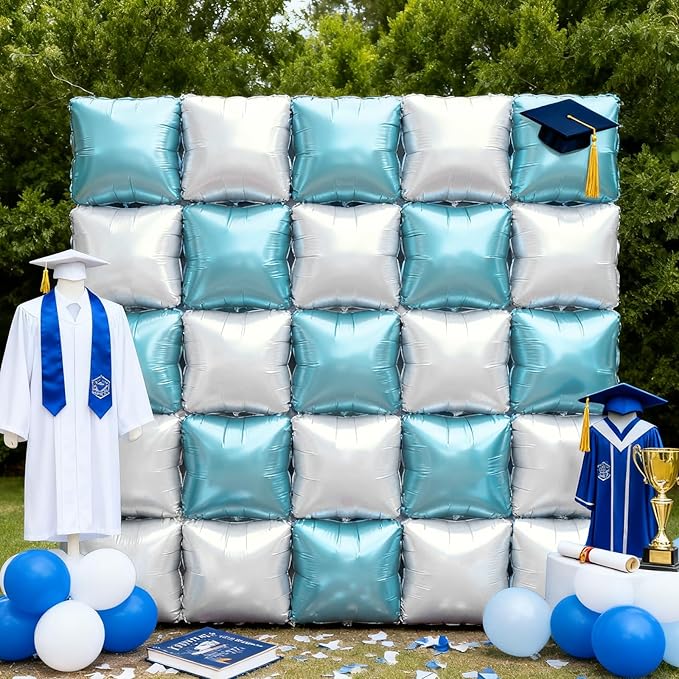 NISOCY 25PCS Pearl White and Light Blue Square Foil Balloons Wall Backdrop Double Sided Blue and White Balloons Arch Kit for Bridal Baby Shower Wedding Engagement Birthday Theme Party Decorations