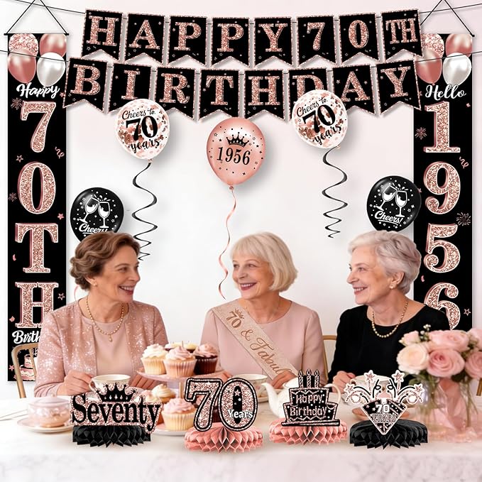 70th Birthday Decorations for Women, 38-Piece Black and Rose Gold 70 Years Old Party Supplies with Backdrop, Honeycomb Centerpieces, Banner, Hanging Swirls, Porch Banner, Balloons, Sash, Crown