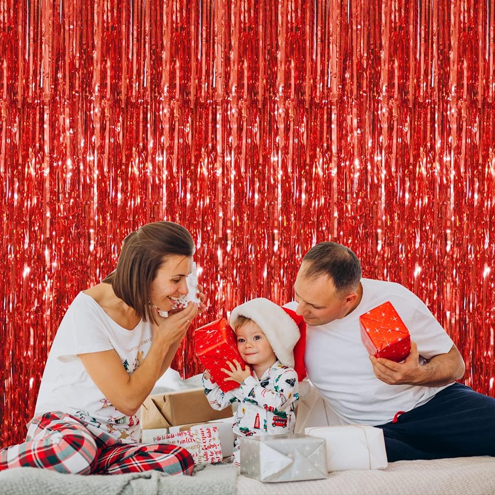 GOER 3.2 ft x 8.2 ft Metallic Tinsel Foil Fringe Curtains,Party Streamer Backdrop for Birthday,Graduation Decorations and New Year Eve (2 Packs,Red)
