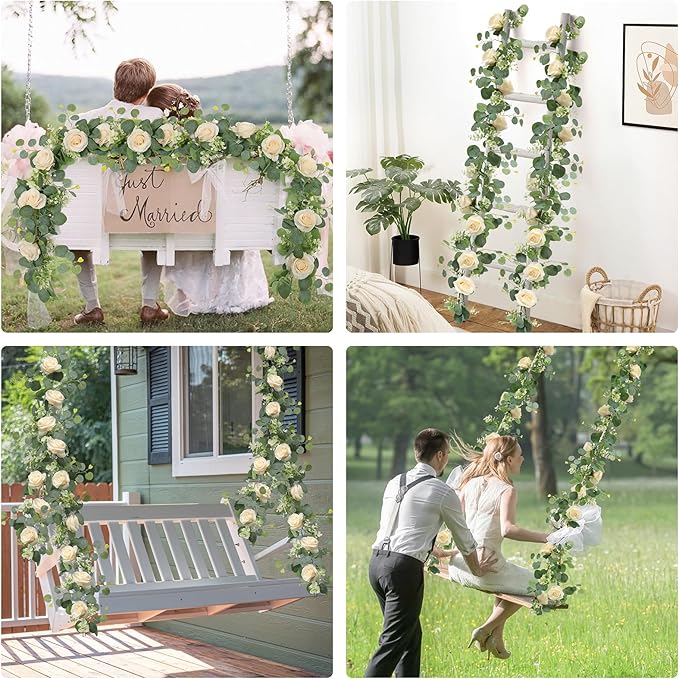 TOCHGREEN 2Pcs(13 Ft) Artificial Eucalyptus Flower Garland with Champagne Rose Flowers,Faux Rose Vine Gypsophila,Floral Greenery for Home Wedding Table Decor (Champagne, 2PCS)