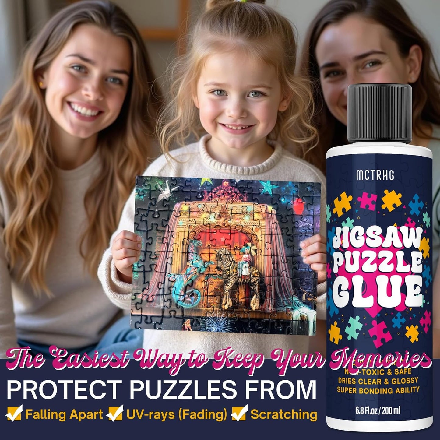 Jigsaw Puzzle Glue Clear (2 Pack), Puzzle Glue with Two Applicators, Easily Preserves Finished Puzzles, Quick-Drying, Non-Toxic & Water-Soluble for Adults, for 3000/4500/5000 Pieces