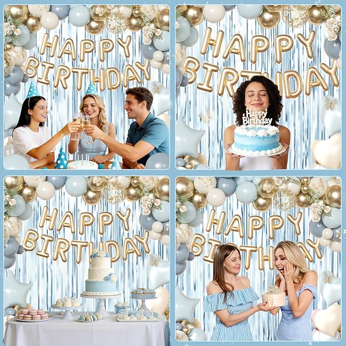 Blue Birthday Decorations, Dusty Light blue Sand White Gold Confetti Foil Balloons Happy Birthday Banner Gold Butterfly Fringe Curtains, Dusty Blue Birthday Decorations for Girls Women