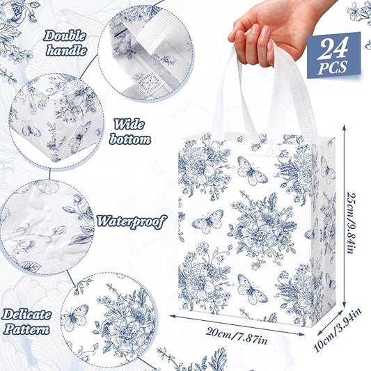 Supervitae 24 Pack Blue Floral Theme Gift Bags Medium Floral Party Favor Flower Totes Reusable Totes Non Woven Goodie Bags for Wedding Birthday Baby Shower Family Holiday Travel(9.8" x 7.9" x 3.9")