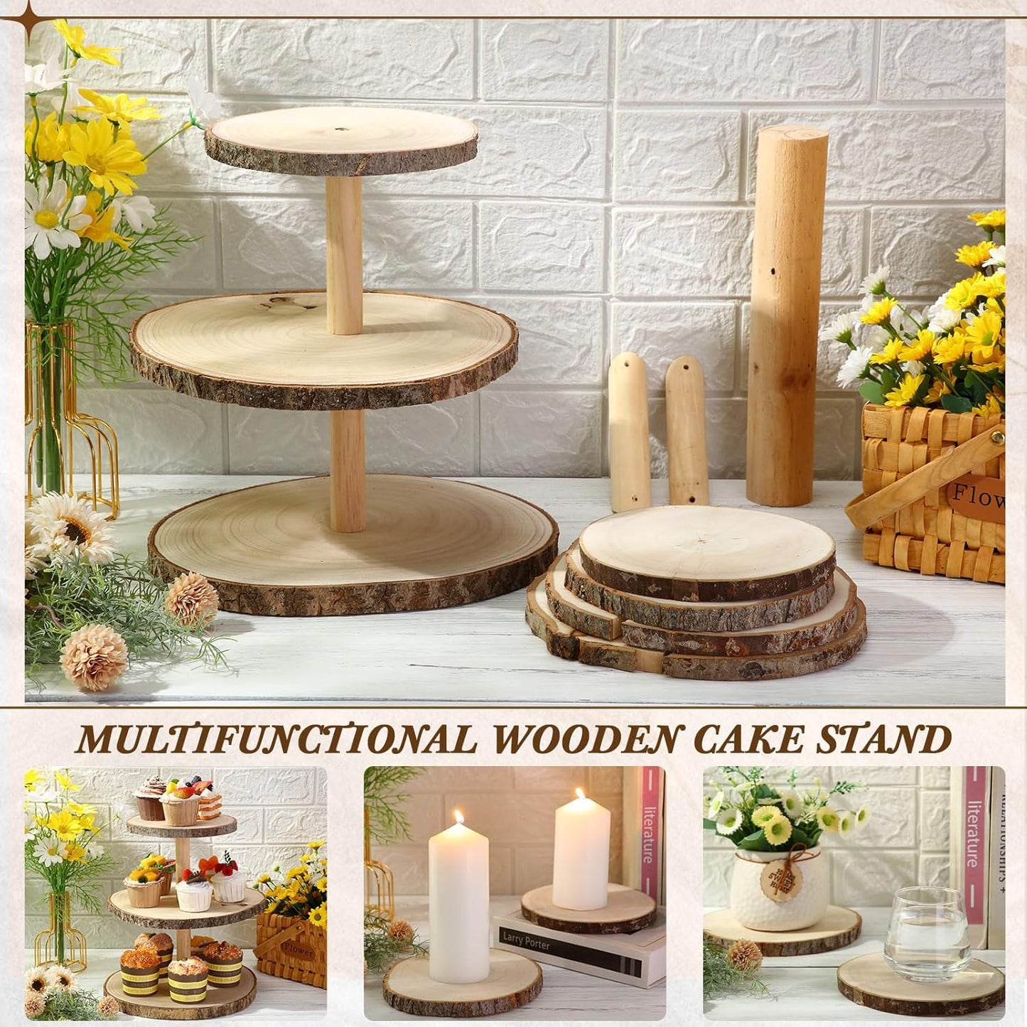 Set of 4 Christmas Rustic Wood Cake Stand Party Dessert Table Display Wooden Cupcake Stands Wedding Cake Stand Topper for Wedding Reception Event