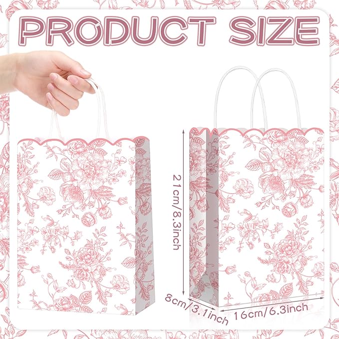 Kolldenn 24 Pcs Pink Floral Gift Bags with Handles Wildflower Party Favor Candy Treat Goodie Bags Scalloped for Birthday Decoration for Bridal Baby Shower Party Supplies