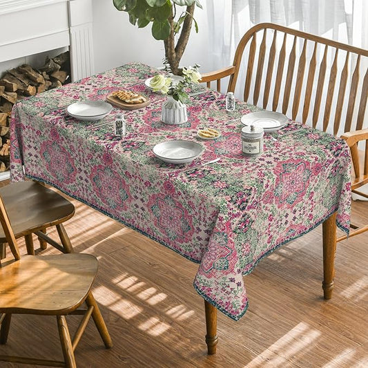 Horaldaily Boho Bohemia Style Tablecloth 60x84 Inch Rectangular, Vintage Country Rustic Farmhouse Magical Fall Pink Washable Seasonal Table Cover for Party Picnic Dinner Decor