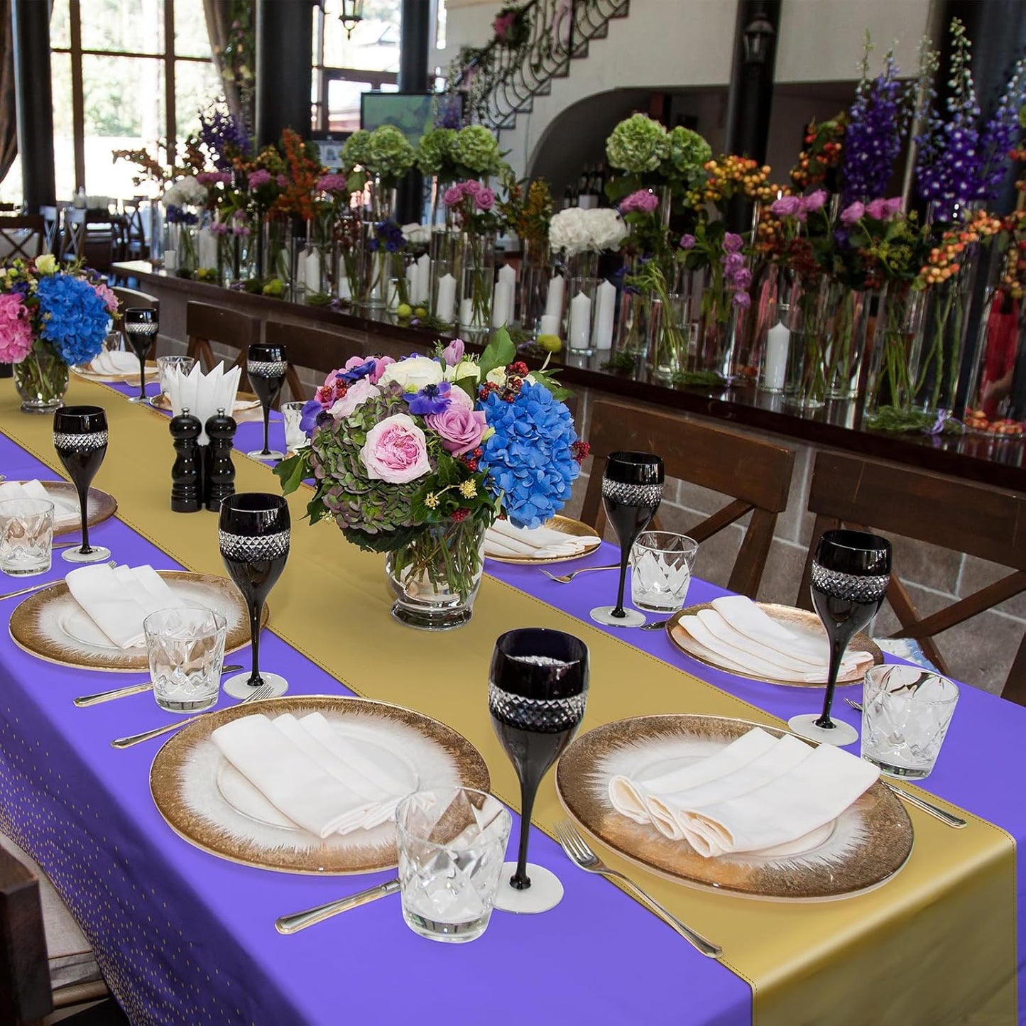 8Pack Disposable Plastic Tablecloths and Satin Table Runner Set Purple and Gold Dot Tablecloth Gold Satin Table Runner for Wedding Birthday Baby Shower Anniversary Christmas New Year Party Supplies