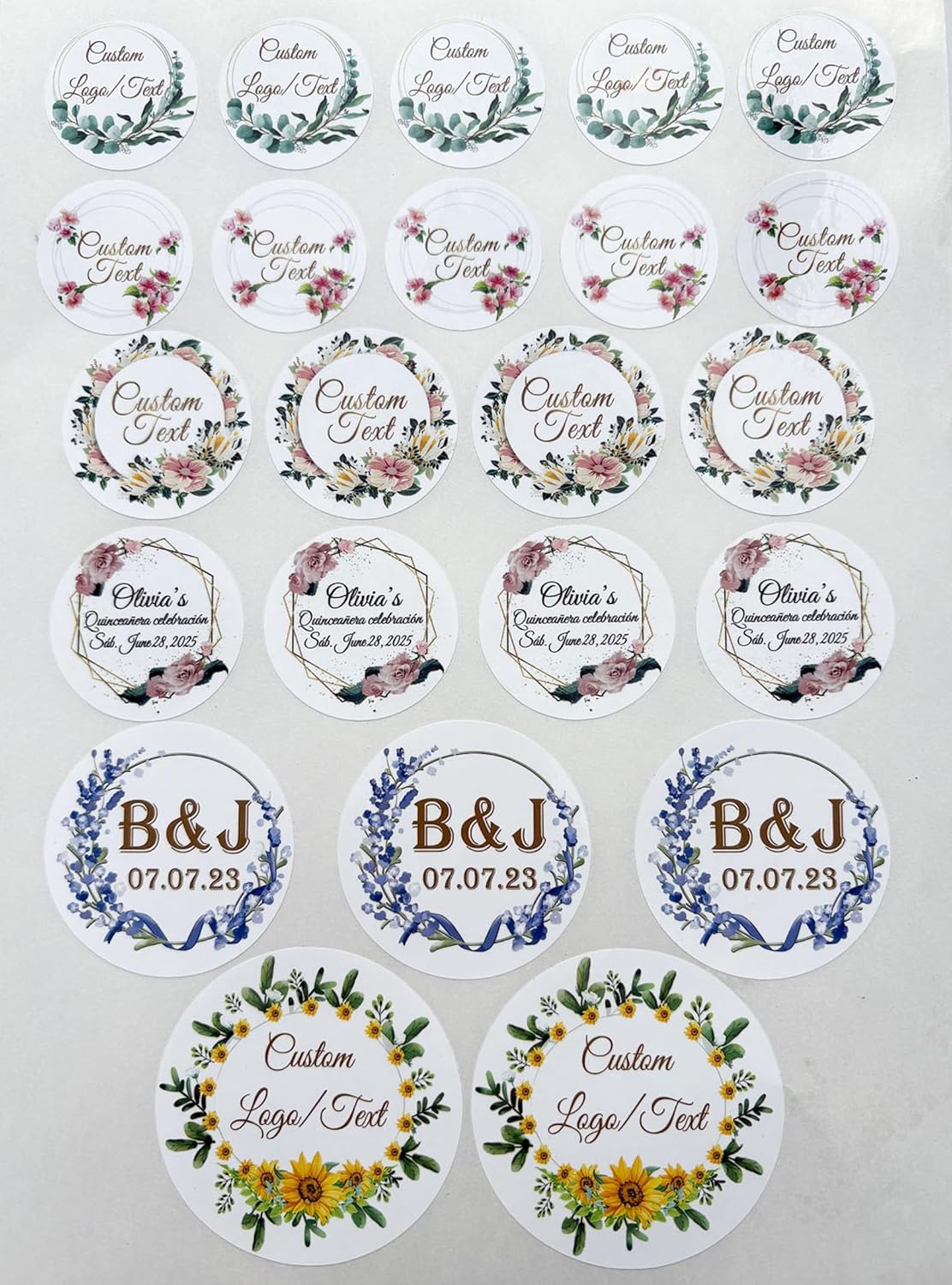 Custom Stickers for Weddings, Birthdays & Businesses - Personalized Labels with Your Logo - Waterproof, Fade and Heat Resistant - Pack of 100-1000 (Wreath E, 1.5 Inch)