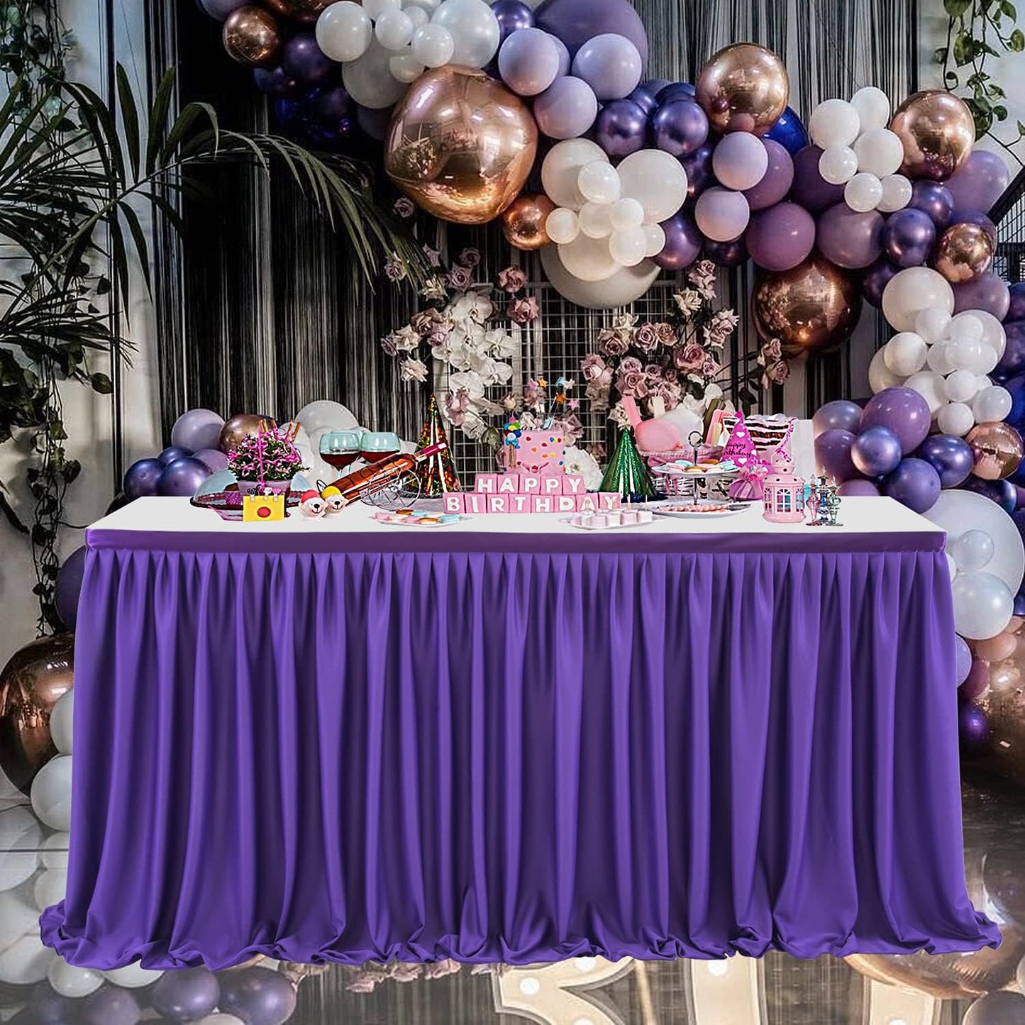 9ft Purple Table Skirt for Rectangle Tables Polyester Table Skirt Desk Skirts Ruffle Table Skirt Cloth for Birthday Party Banquet Purple Theme Party Wedding Bridal Shower Table Skirts