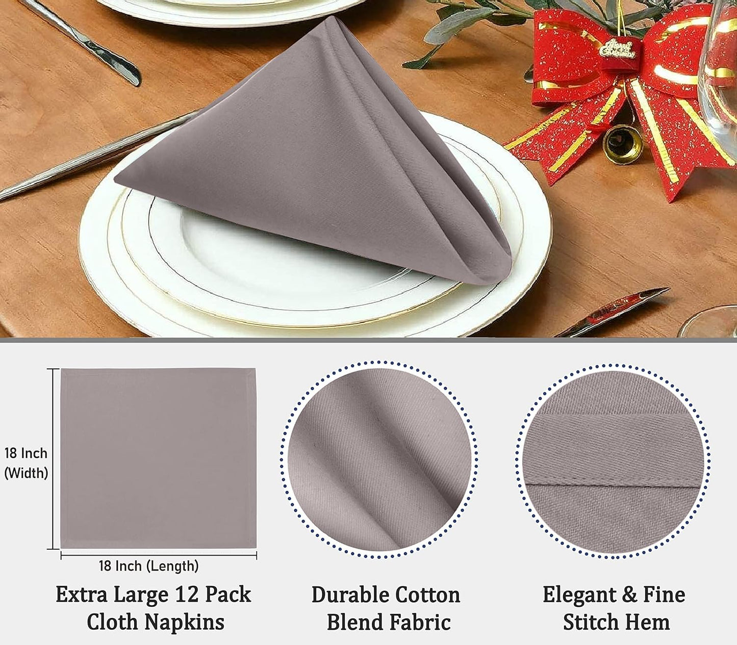 Ruvanti Cloth Napkins Set of 4, 18x18 Inches Napkins Cloth Washable, Soft, Durable, Absorbent, Cotton Blend. Table Dinner Napkins Cloth for Hotel, Lunch, Restaurant, Wedding Parties - Coffee Grey
