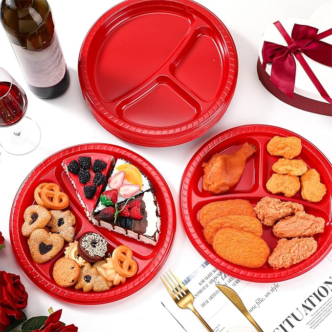 50 Pcs 10 Inch Plastic 3 Compartment Divided Plates Heavy Disposable Plates Duty Round Dinner Plates with Dividers for Wedding Birthday Party Dinnerware(Red)