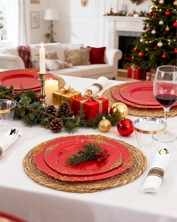 Nervure 100PCS Red and Gold Plastic Plates - 10.25inch Red Disposable Plates - Heavyweight Dinner Plate for Wedding & Party