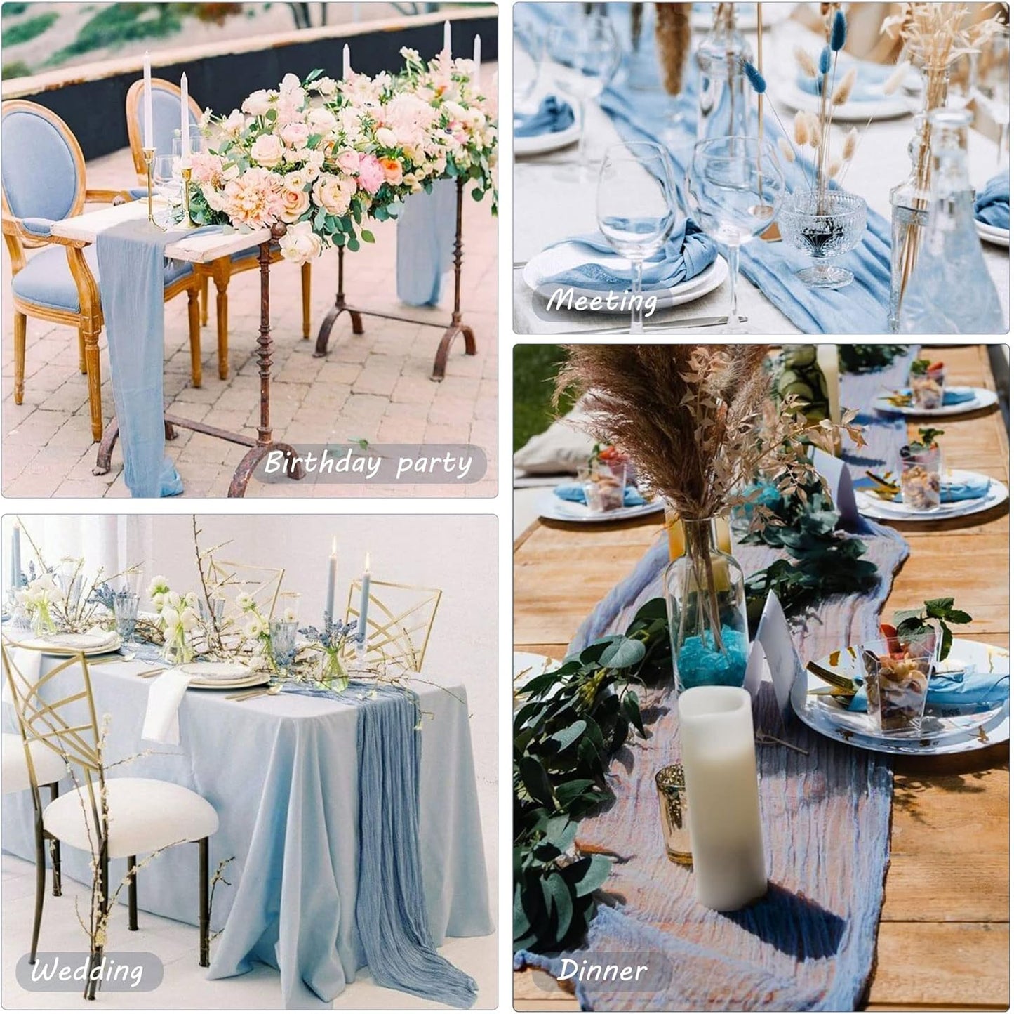 12 Pack Boho Gauze Table Runner 35x72 Inch - Rustic Cheese Cloth Long Table Runner for Wedding, Bridal Shower, Birthday Party Decor (Dusty Blue)
