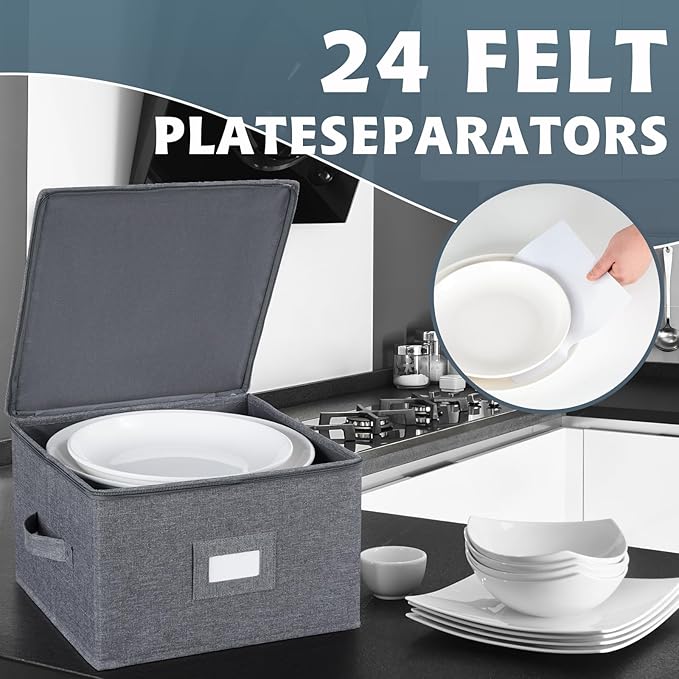 popoly China Storage Containers Inside 12" W x 8" H, Dinnerware Storage Box for Dishes Plate Storage with 24 Felt Dividers, Hold 24 Plates, Hard Shell and Stackable(4PACK