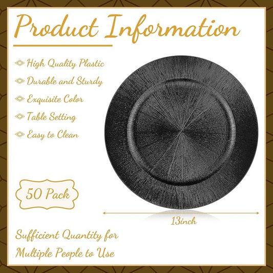 Tanlade 50 Pcs Charger Plates Bulk, 13 Inch Plastic Round Charger Dinner Plates Elegant Wedding Serving Plate for Event Tabletop Wedding Party Bridal Baby Shower Decor (Black)
