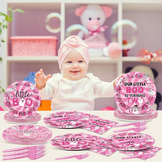 96pcs Halloween Pink Ghost Party Supplies - Boo 2nd Birthday Paper Plates, Napkins, Decoration, Dinnerware, Favor, Tableware - Serve 24