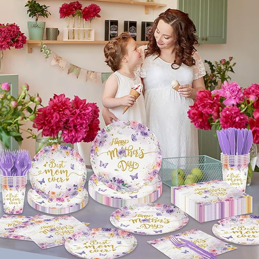 Mother's Day Party decorations 144Pcs Butterfly Floral Mother's Day Plates and Napkins Cups Serve 24 Include Best Mom Ever Plates, Napkins, Cups and Forks for Spring Birthday, Mothers Day, Tea Party