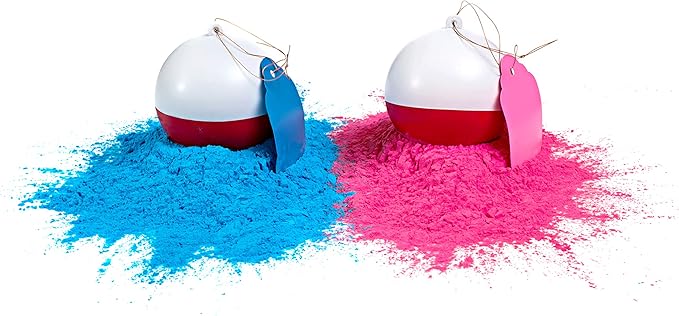 Gender Reveal Fishing Ball 2 Pack | Pink & Blue Set | Exploding Powder Red and White Fishing Bobber Lure | Gender Reveal Party Ideas | Ultimate Party Supplies