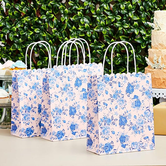 Sparkle and Bash Floral Party Favor Bags - 24-Pack, 10 x 8 x 4 In, Blue & Pink - Reusable Paper with Handles for Thank You Gift Bags at Wedding, Bridal & Baby Shower